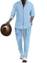 Men’s light blue button front long sleeve shirt and coordinating pants two-piece set