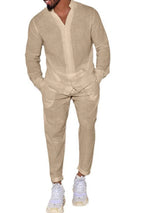 Men’s khaki button up long sleeve top and matching pants two-piece set styled with white sneakers, available in sizes Small–2XL.