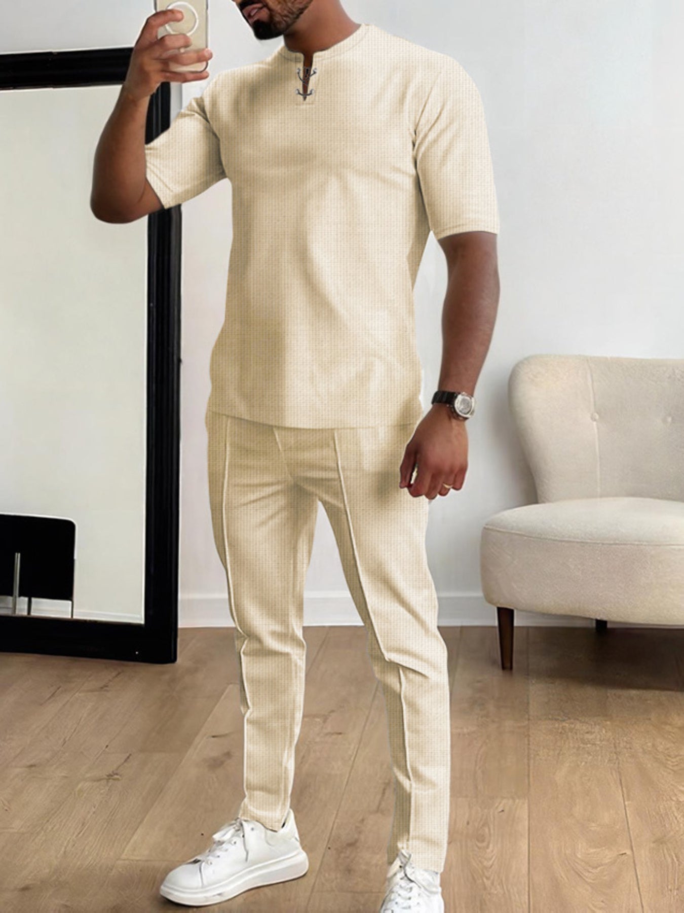 Men's khaki short-sleeve top and matching pants two-piece casual set with white sneakers, available in sizes Small–3XL.