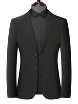 Men's black stretch button-up blazer with notch lapel and tailored fit for business casual, office, wedding, and formal occasions.