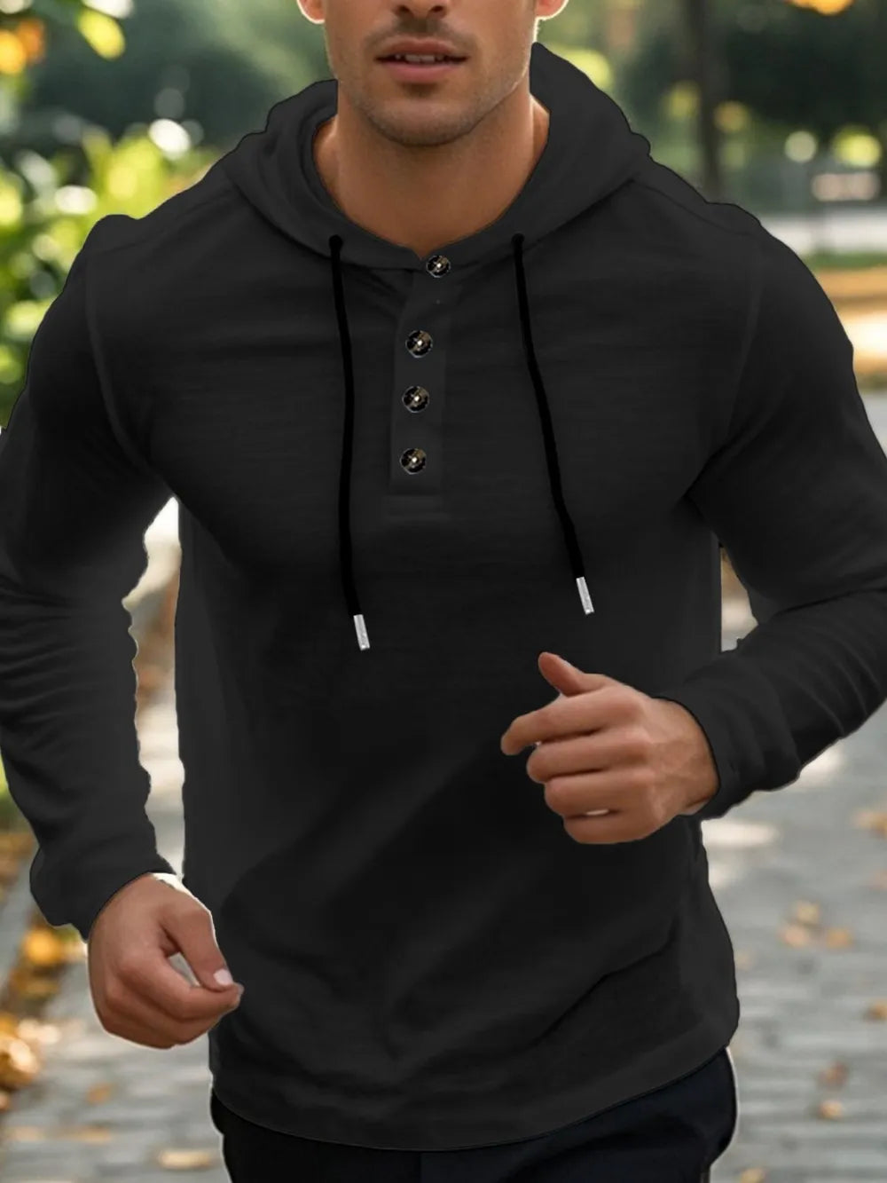 Men’s black full-size linen-blend long sleeve hoodie with black drawstring and button-detail neckline
