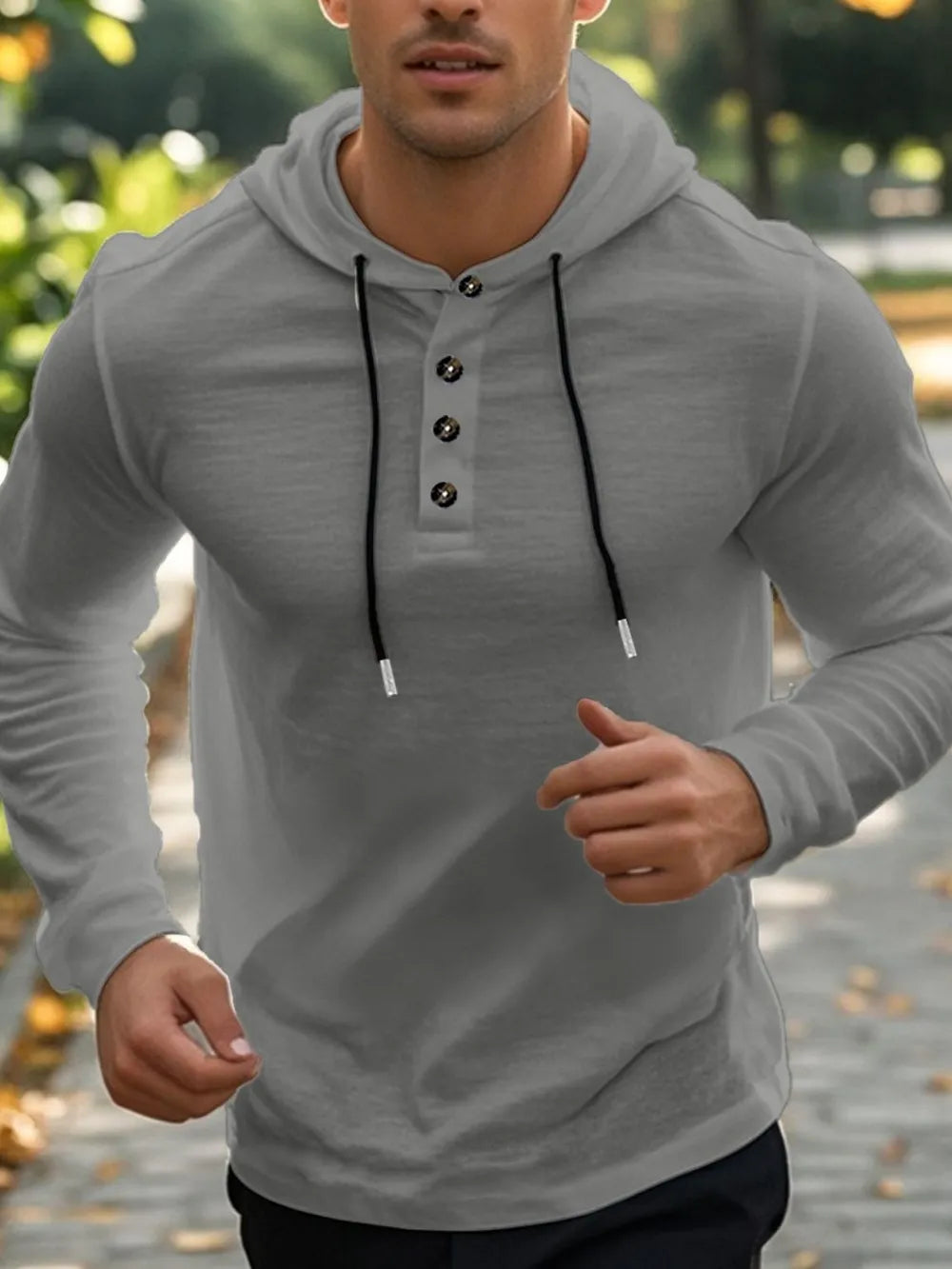 Men’s gray full-size linen-blend long sleeve hoodie with black drawstring and button-detail neckline