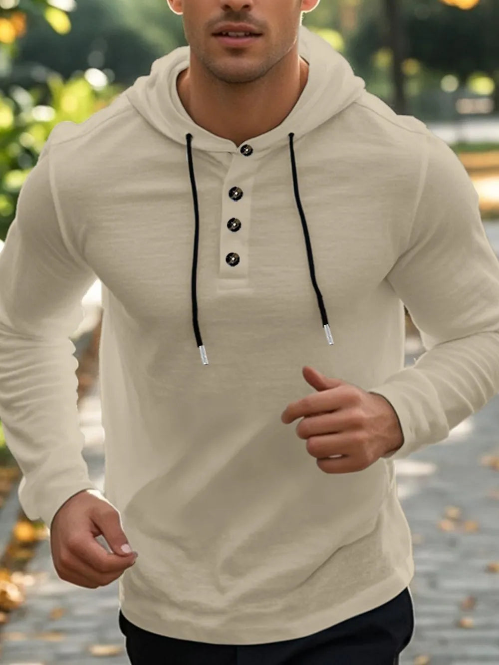 Men’s khaki full-size linen-blend long sleeve hoodie with black drawstring and button-detail neckline