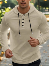 Men’s khaki full-size linen-blend long sleeve hoodie with black drawstring and button-detail neckline