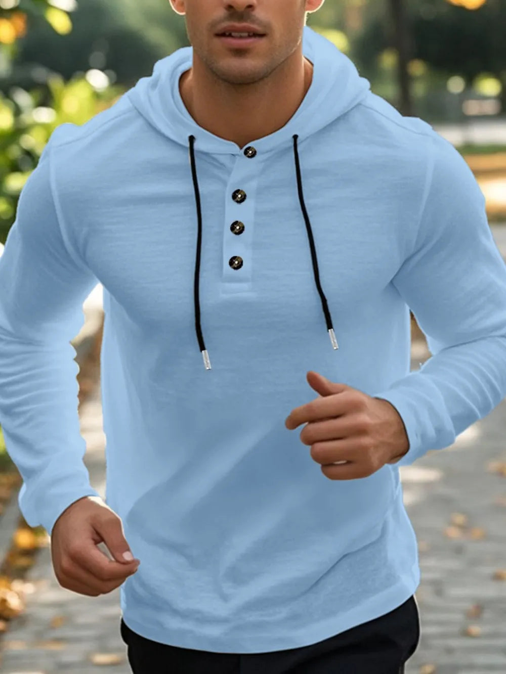 Men’s light blue full-size linen-blend long sleeve hoodie with black drawstring and button-detail neckline