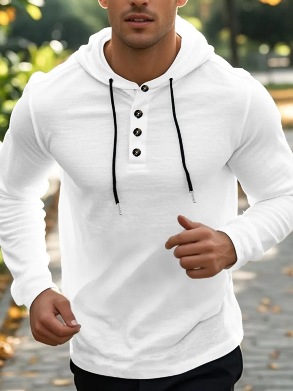 Men’s white full-size linen-blend long sleeve hoodie with black drawstring and button-detail neckline