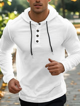 Men’s white full-size linen-blend long sleeve hoodie with black drawstring and button-detail neckline
