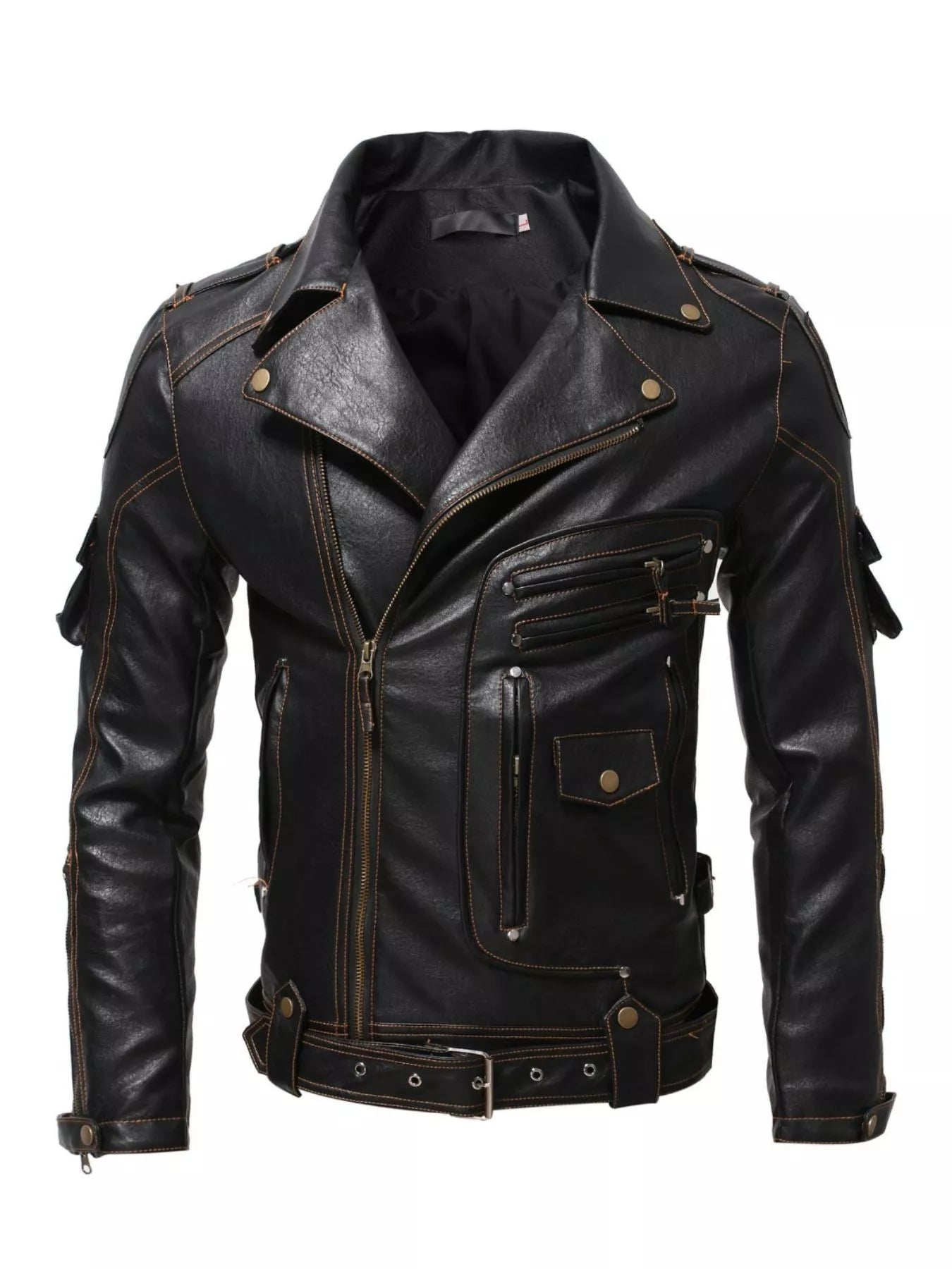 Men’s black plus size faux leather motorcycle jacket with asymmetrical zipper, multiple pockets, metal hardware and adjustable waist belt.