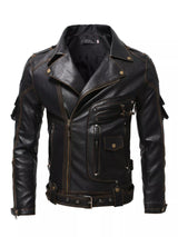 Men’s black plus size faux leather motorcycle jacket with asymmetrical zipper, multiple pockets, metal hardware and adjustable waist belt.