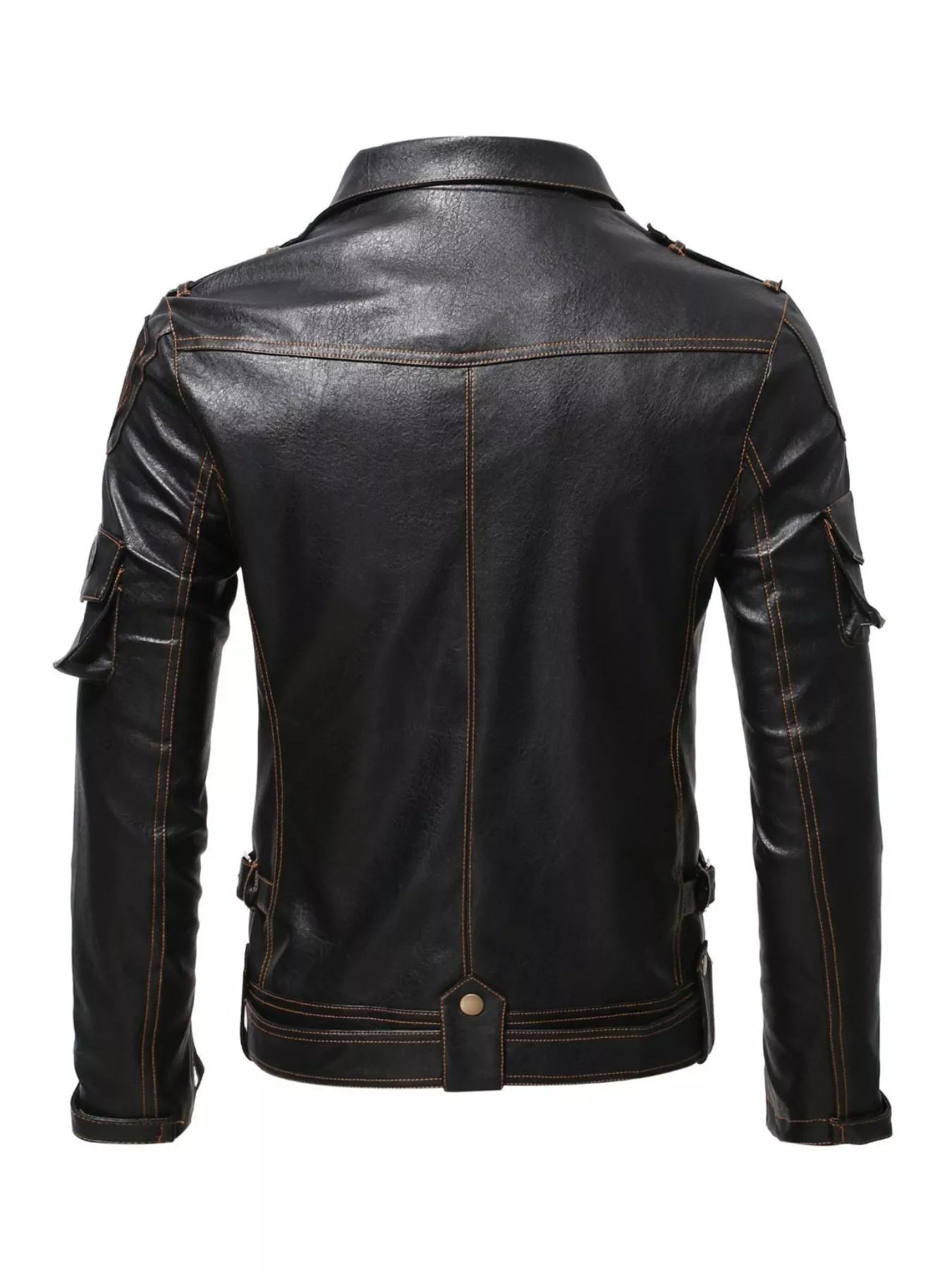 Men’s black plus size faux leather motorcycle jacket with asymmetrical zipper, multiple pockets, metal hardware and adjustable waist belt.