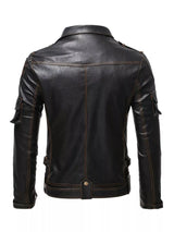 Men’s black plus size faux leather motorcycle jacket with asymmetrical zipper, multiple pockets, metal hardware and adjustable waist belt.