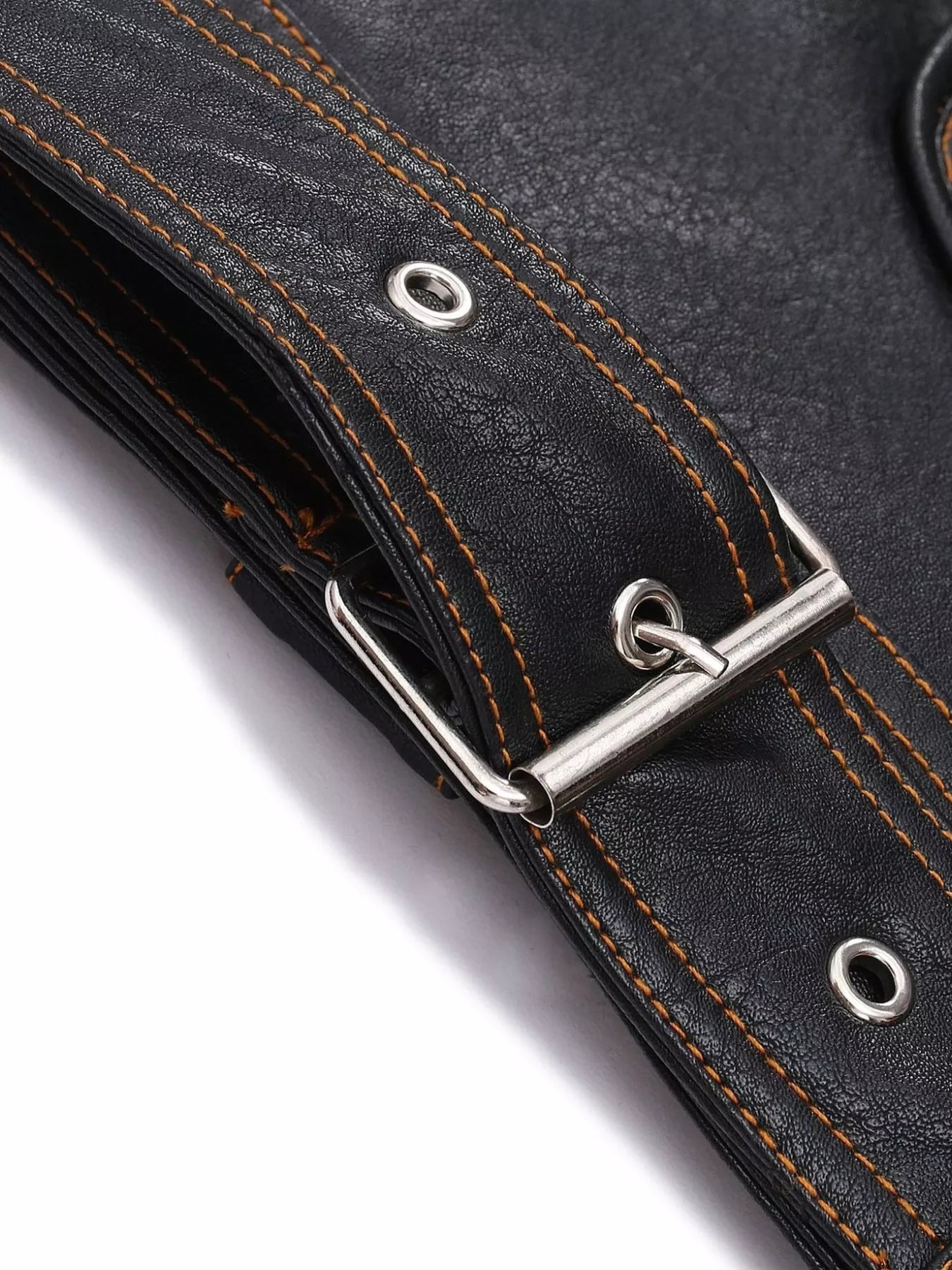 Men’s black plus size faux leather motorcycle jacket with asymmetrical zipper, multiple pockets, metal hardware and adjustable waist belt.