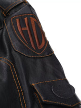 Men’s black plus size faux leather motorcycle jacket with asymmetrical zipper, multiple pockets, metal hardware and adjustable waist belt.