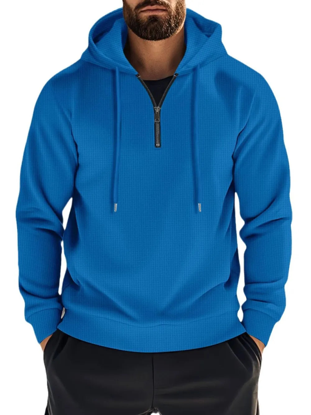 Men’s blue full size quarter zip long sleeve drawstring hoodie