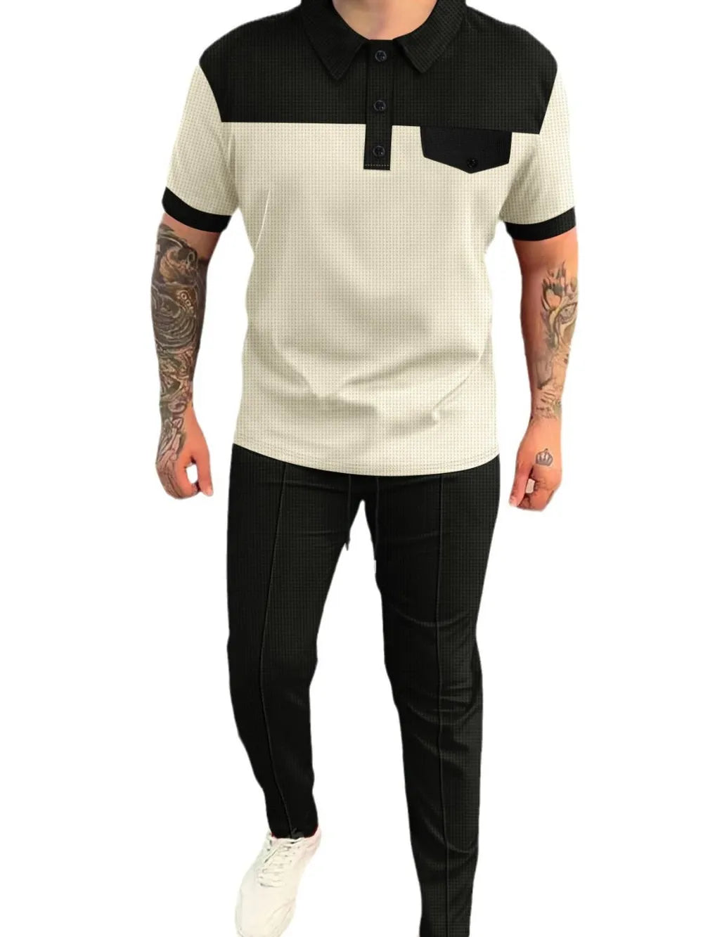 Men’s plus size beige and black waffle-knit contrast short sleeve top and pants set, available in sizes Small–3XL.