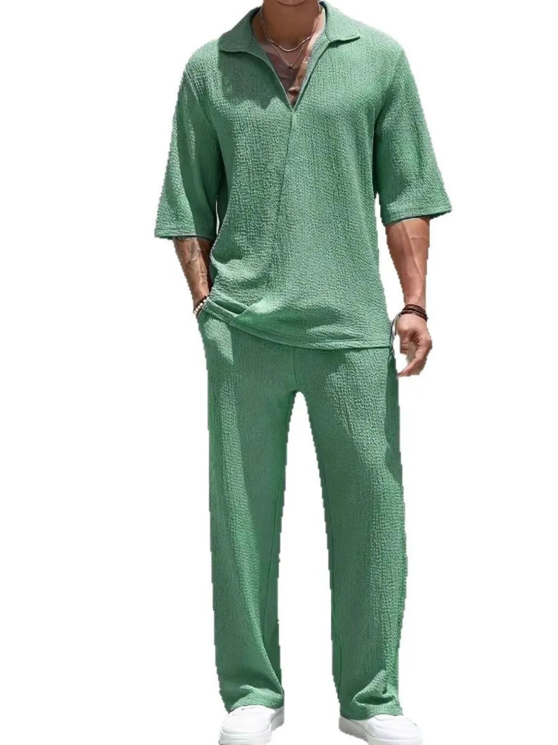 Men’s gum leaf green Johnny collar half sleeve top and matching pants two-piece set