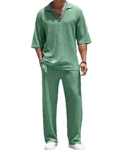 Men’s gum leaf green Johnny collar half sleeve top and matching pants two-piece set