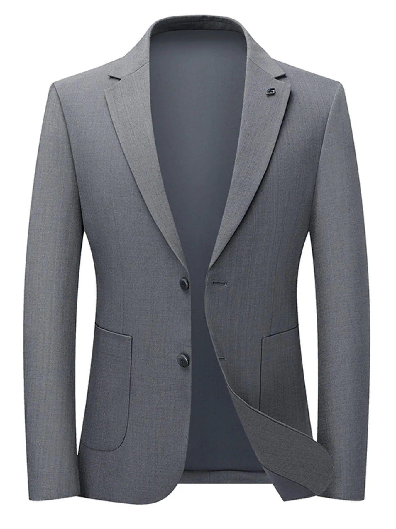 Men's gray lapel collar blazer with button-front closure and tailored fit for business casual, office wear, weddings, and formal occasions.