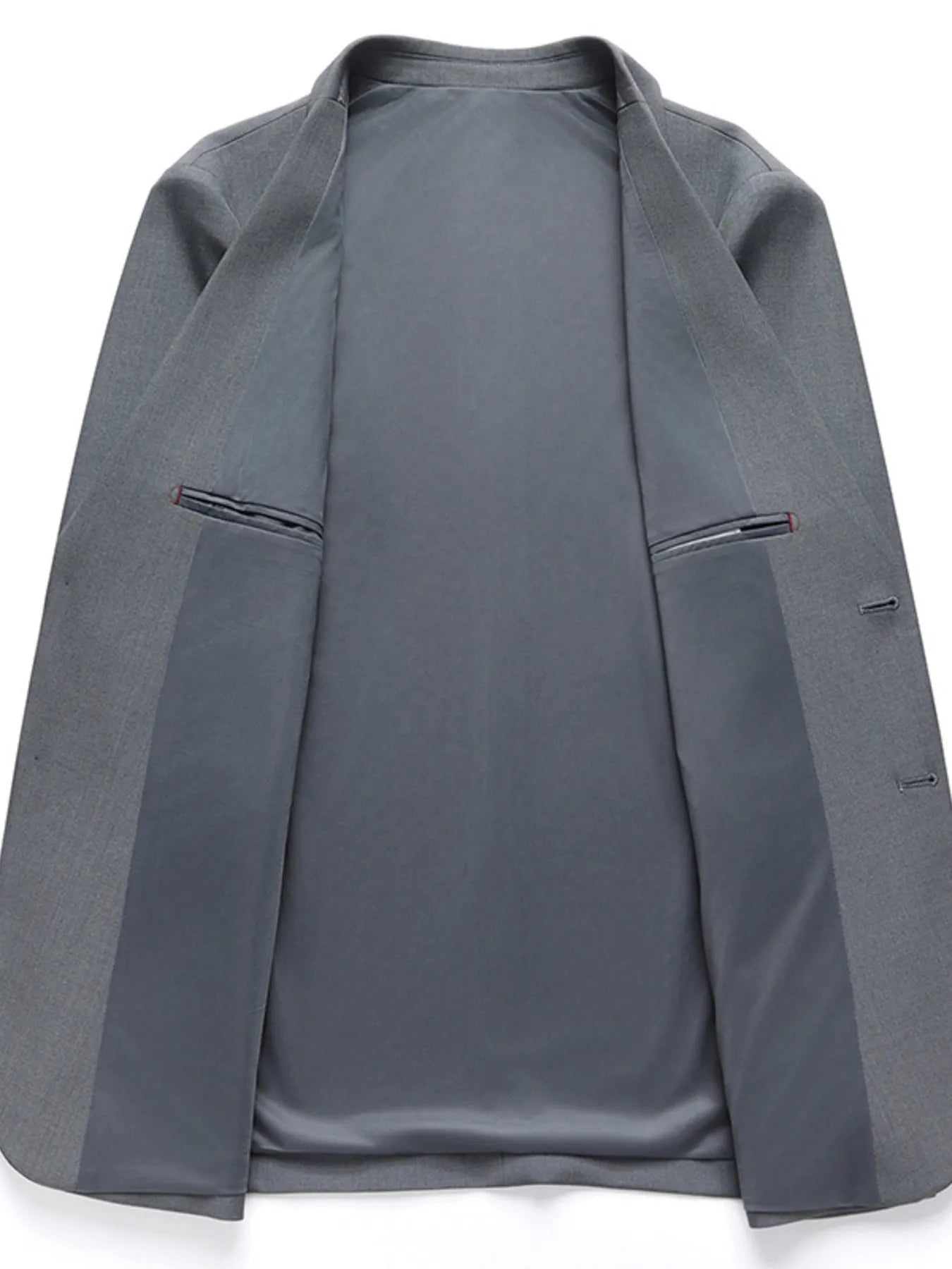 Men's gray lapel collar blazer with button-front closure and tailored fit for business casual, office wear, weddings, and formal occasions.