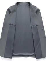 Men's gray lapel collar blazer with button-front closure and tailored fit for business casual, office wear, weddings, and formal occasions.