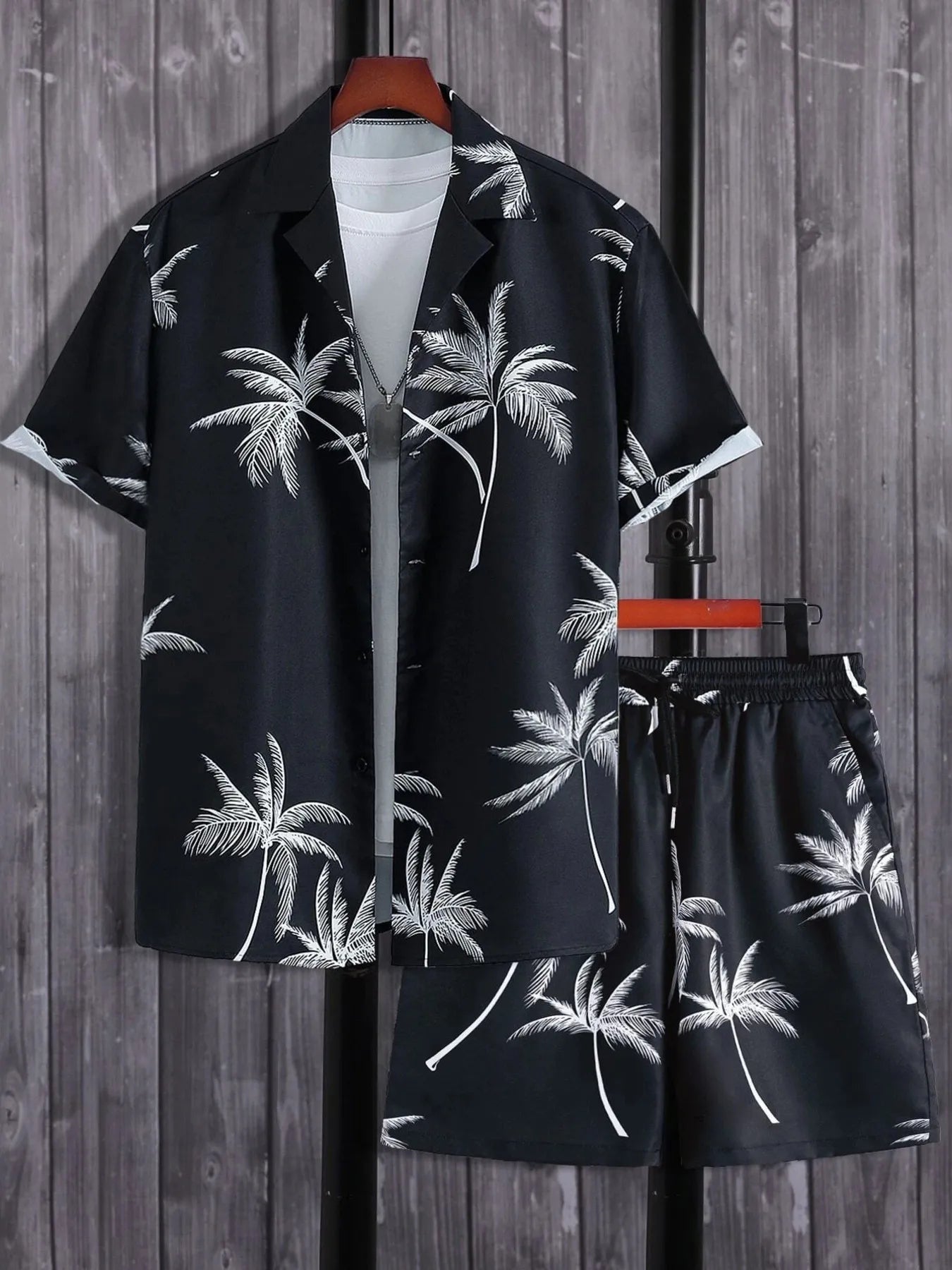 Men's Full Size Black Palm Print Button-Up Shirt and Drawstring Shorts Matching Set with Tropical Print, Casual Summer Outfit Plus Size