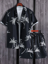 Men's Full Size Black Palm Print Button-Up Shirt and Drawstring Shorts Matching Set with Tropical Print, Casual Summer Outfit Plus Size