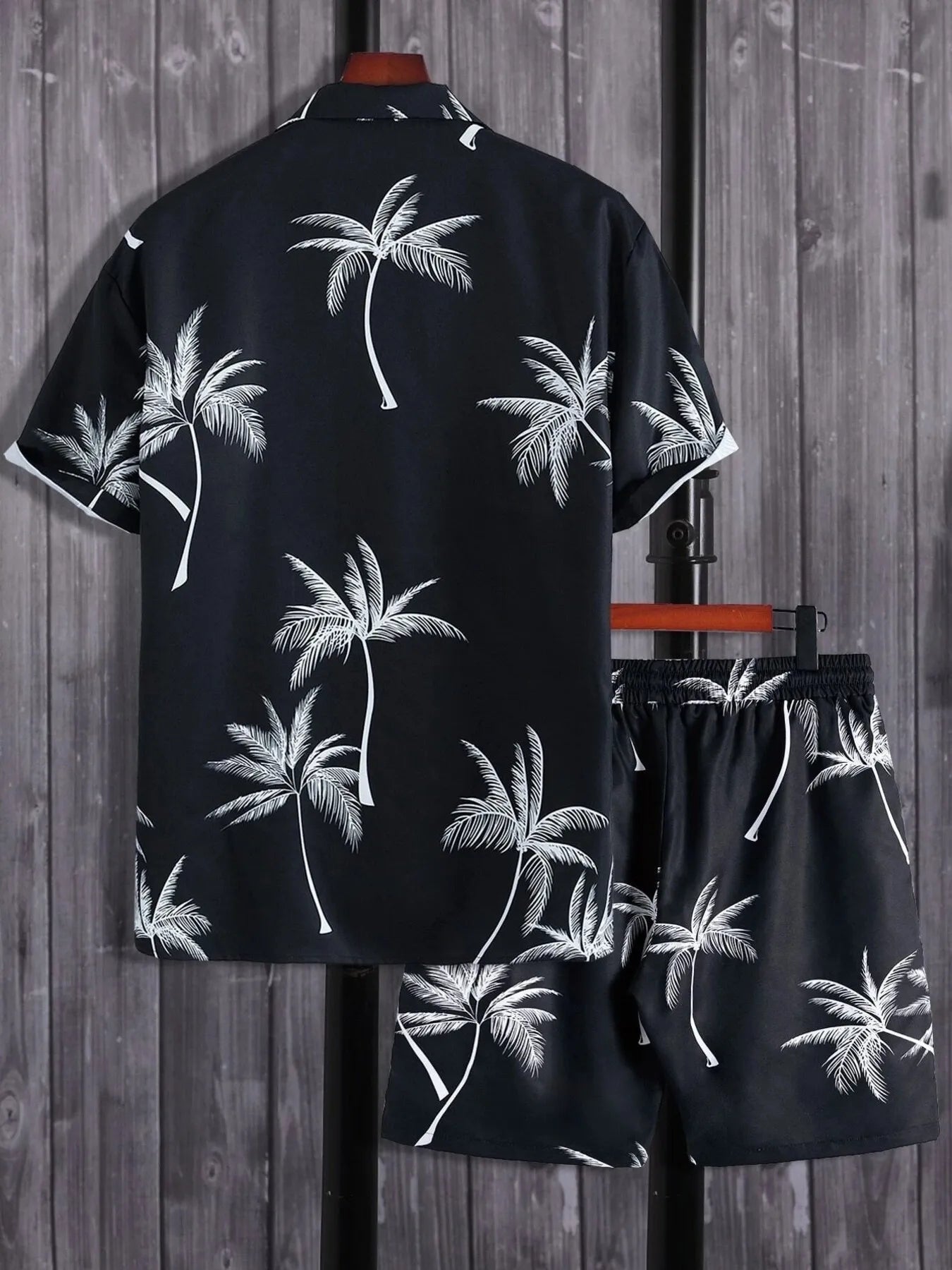 Men's Full Size Black Palm Print Button-Up Shirt and Drawstring Shorts Matching Set with Tropical Print, Casual Summer Outfit Plus Size