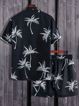 Men's Full Size Black Palm Print Button-Up Shirt and Drawstring Shorts Matching Set with Tropical Print, Casual Summer Outfit Plus Size