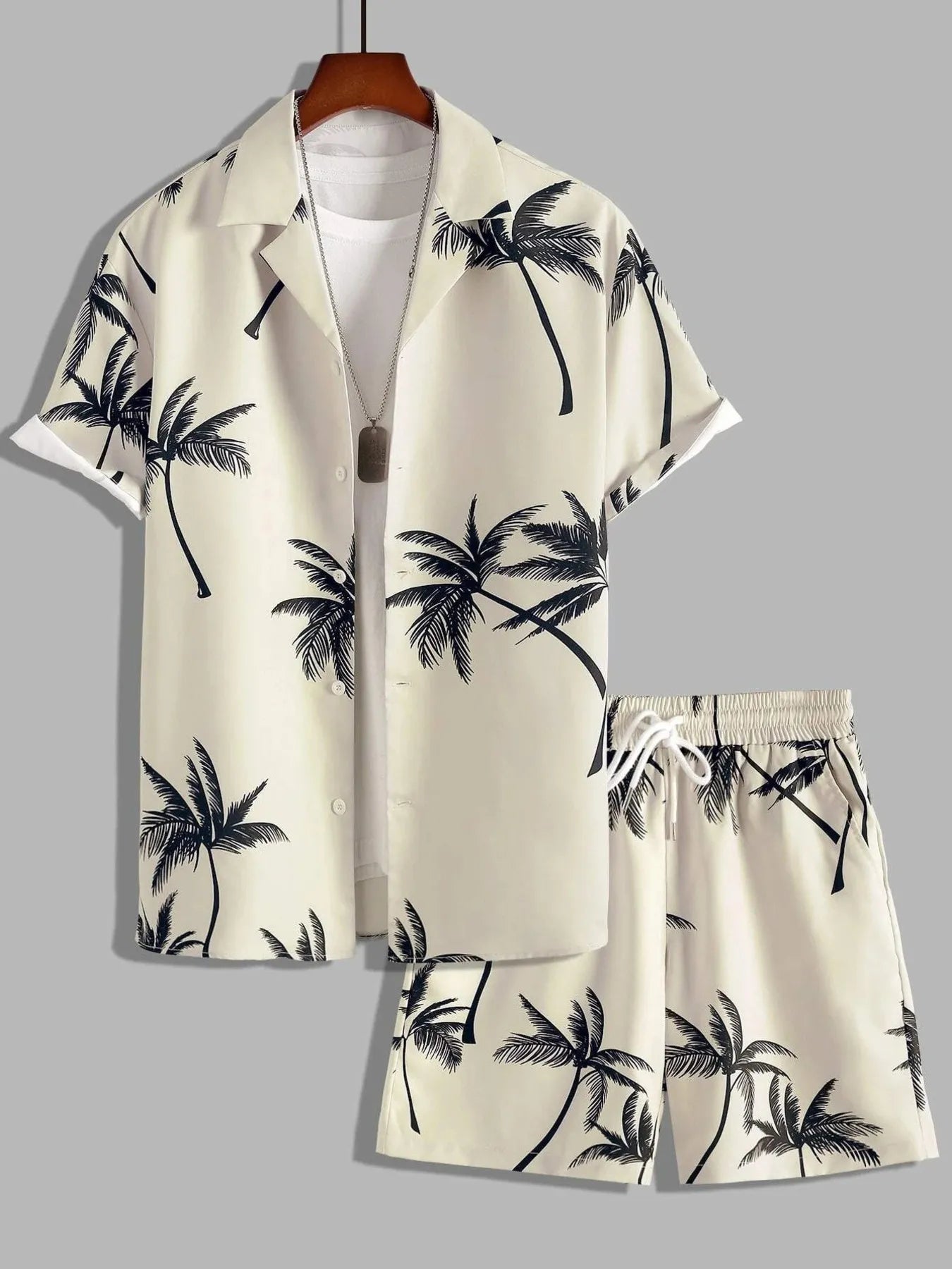 Men's Full Size Black Palm Print Button-Up Shirt and Drawstring Shorts Matching Set with Tropical Print, Casual Summer Outfit Plus Size