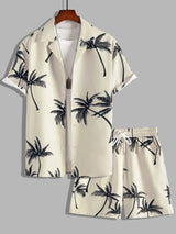 Men's Full Size Black Palm Print Button-Up Shirt and Drawstring Shorts Matching Set with Tropical Print, Casual Summer Outfit Plus Size