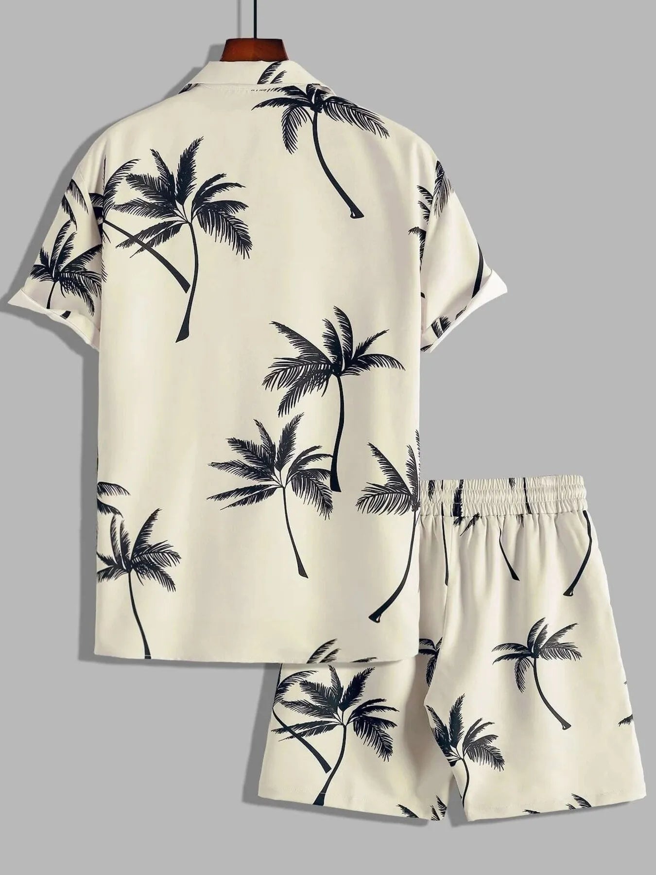 Men's Full Size Black Palm Print Button-Up Shirt and Drawstring Shorts Matching Set with Tropical Print, Casual Summer Outfit Plus Size