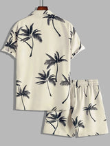 Men's Full Size Black Palm Print Button-Up Shirt and Drawstring Shorts Matching Set with Tropical Print, Casual Summer Outfit Plus Size