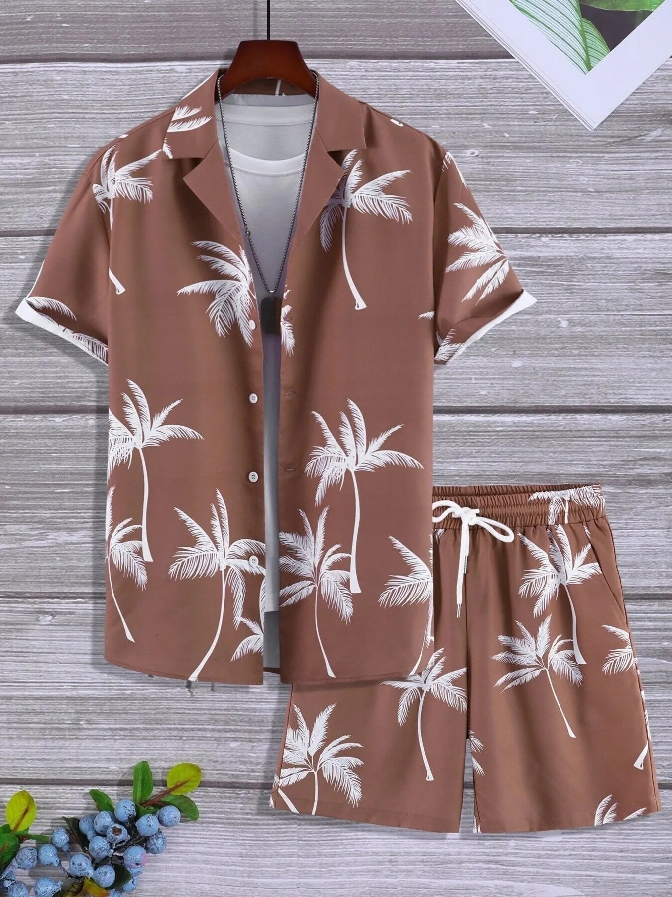 Men's Full Size Black Palm Print Button-Up Shirt and Drawstring Shorts Matching Set with Tropical Print, Casual Summer Outfit Plus Size