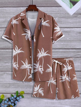 Men's Full Size Black Palm Print Button-Up Shirt and Drawstring Shorts Matching Set with Tropical Print, Casual Summer Outfit Plus Size