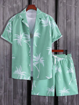 Men's Full Size Black Palm Print Button-Up Shirt and Drawstring Shorts Matching Set with Tropical Print, Casual Summer Outfit Plus Size
