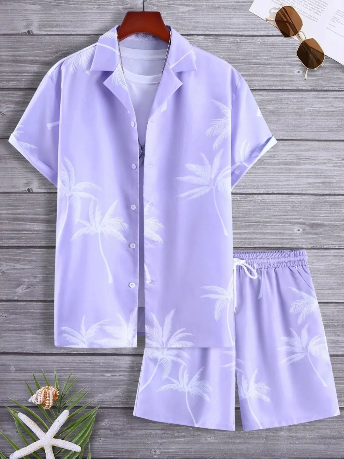 Men's Full Size Black Palm Print Button-Up Shirt and Drawstring Shorts Matching Set with Tropical Print, Casual Summer Outfit Plus Size