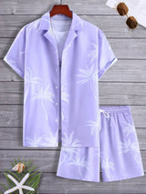 Men's Full Size Black Palm Print Button-Up Shirt and Drawstring Shorts Matching Set with Tropical Print, Casual Summer Outfit Plus Size