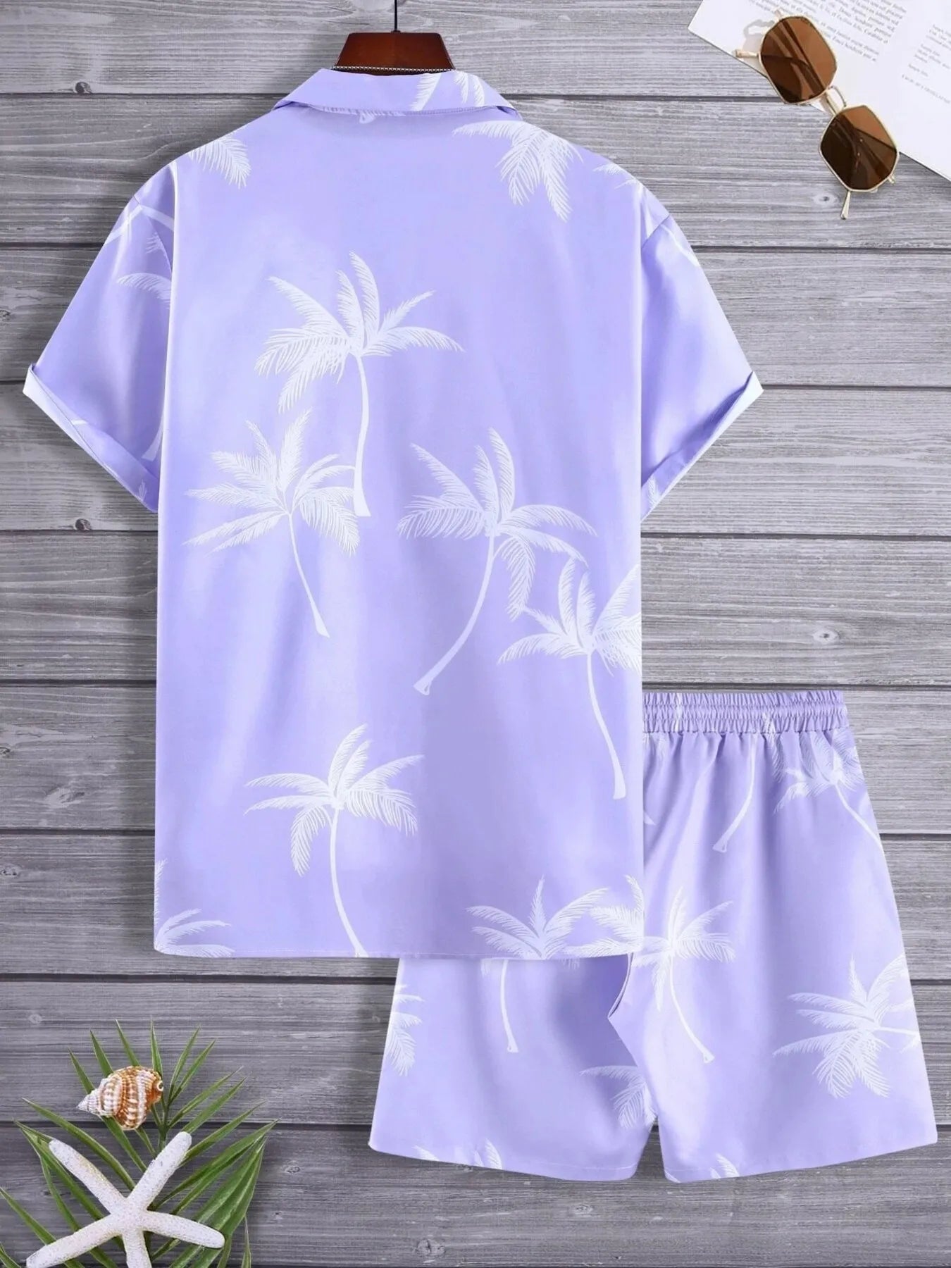 Men's Full Size Black Palm Print Button-Up Shirt and Drawstring Shorts Matching Set with Tropical Print, Casual Summer Outfit Plus Size
