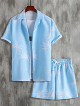 Men's Full Size Black Palm Print Button-Up Shirt and Drawstring Shorts Matching Set with Tropical Print, Casual Summer Outfit Plus Size