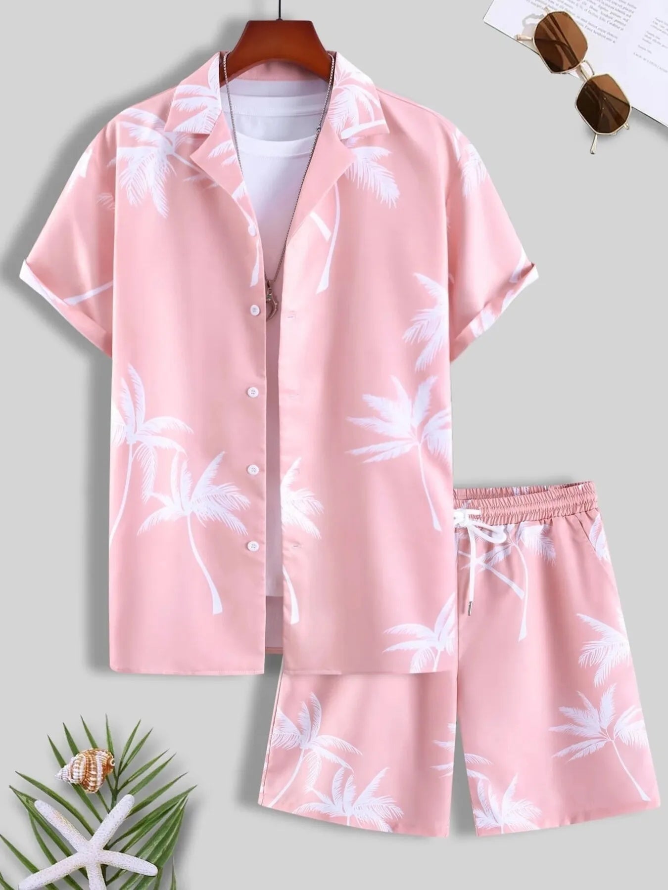 Men's Full Size Black Palm Print Button-Up Shirt and Drawstring Shorts Matching Set with Tropical Print, Casual Summer Outfit Plus Size