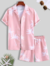 Men's Full Size Black Palm Print Button-Up Shirt and Drawstring Shorts Matching Set with Tropical Print, Casual Summer Outfit Plus Size