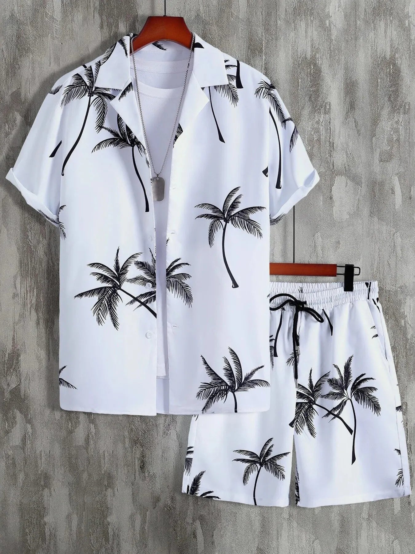Men's Full Size Black Palm Print Button-Up Shirt and Drawstring Shorts Matching Set with Tropical Print, Casual Summer Outfit Plus Size