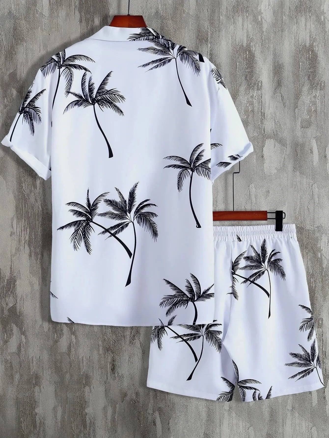 Men's Full Size Black Palm Print Button-Up Shirt and Drawstring Shorts Matching Set with Tropical Print, Casual Summer Outfit Plus Size
