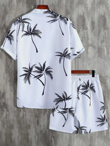 Men's Full Size Black Palm Print Button-Up Shirt and Drawstring Shorts Matching Set with Tropical Print, Casual Summer Outfit Plus Size