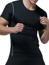 Men’s black performance moisture-wicking short sleeve athletic T-shirt with lightweight breathable stretch fabric.