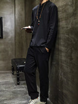 Men’s plus size black button detail long sleeve top and pants two-piece set, available in sizes Medium to 5XL.