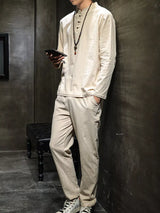 Men’s plus size khaki button detail long sleeve top and pants two-piece set, available in sizes Medium to 5XL.