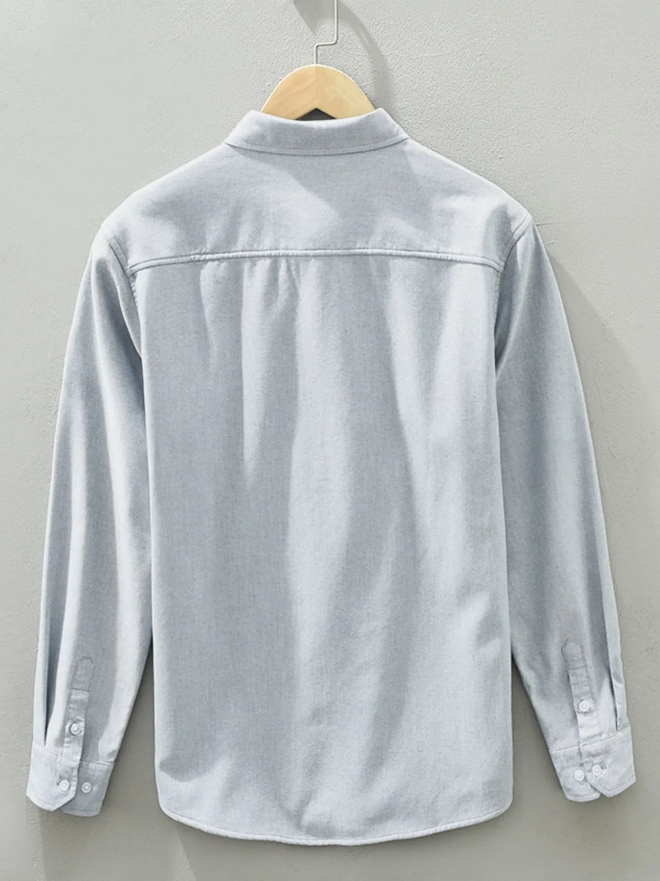 Men’s gray plus size button-up long sleeve cotton shirt with chest pocket and contrasting light interior, available in sizes Medium through 3XL.