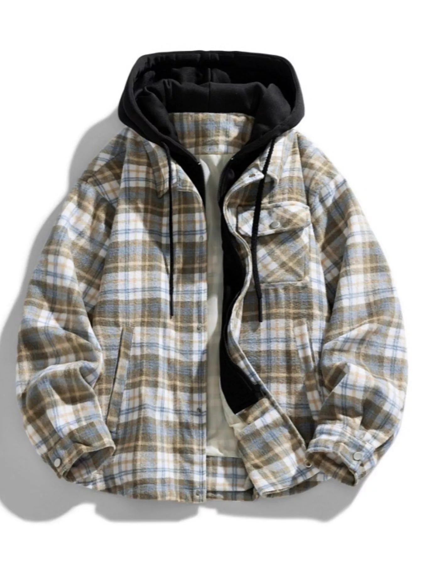 Men’s plus size brown plaid shirt jacket with black drawstring hood, button front and pockets, available in sizes M–4XL.