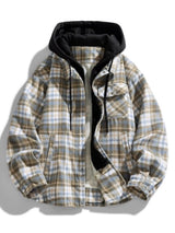 Men’s plus size brown plaid shirt jacket with black drawstring hood, button front and pockets, available in sizes M–4XL.